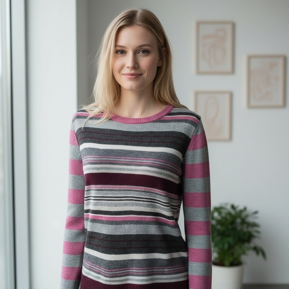 Artisan NY Merino Wool Sweater Stripe Pink Gray Burgundy Cozy Women's Medium